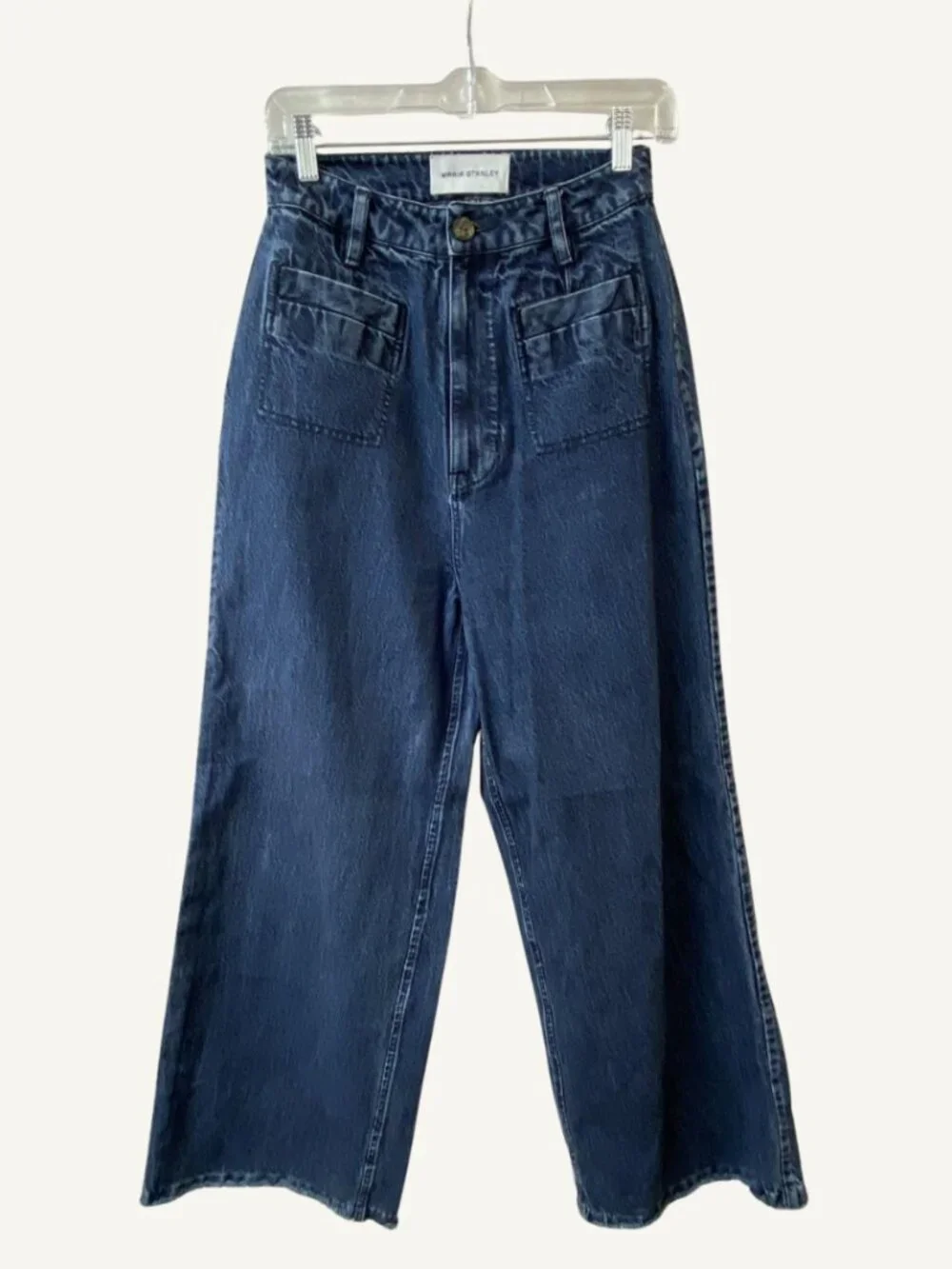 Maria Stanley Hank Pant Denim Wide Leg Jeans Frayed Hem High Rise Patch Pocket 8 - Picture 2 of 7